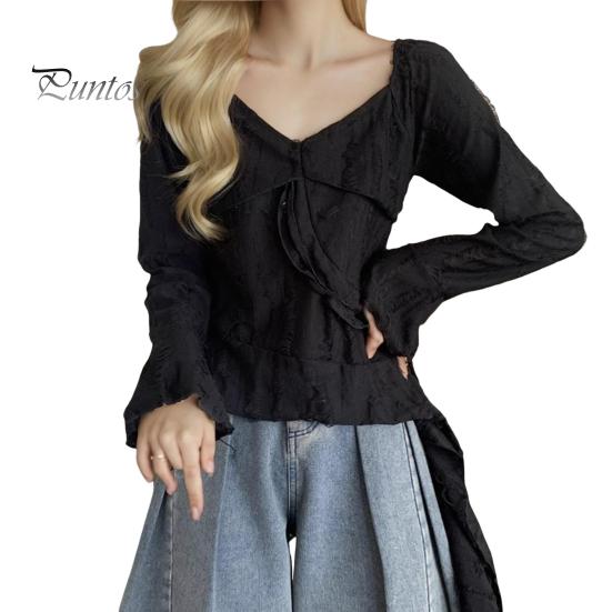 

Женские топы с V-образным вырезом, расклешенные, с длинным рукавом, облегающие футболки, однотонные топы с оборками и неровным подолом, дизайн футболки XL чёрный