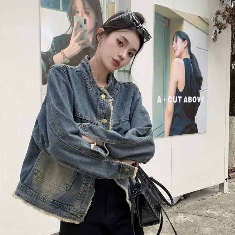 Denim Jacket Design Spring and Autumn New Style Round Neck Raw Edge Retro Washed Loose Top Jacket for Women