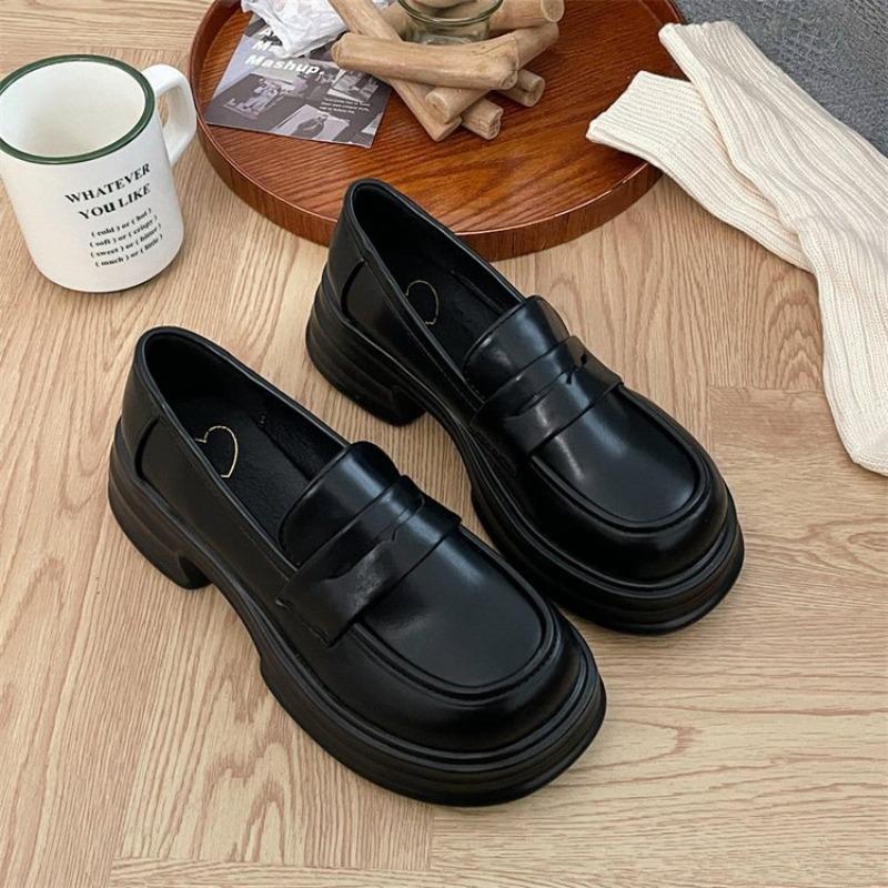 Black Retro Small Leather Shoes for Women's Autumn New Thick Heel Platform Loafer with Skirt