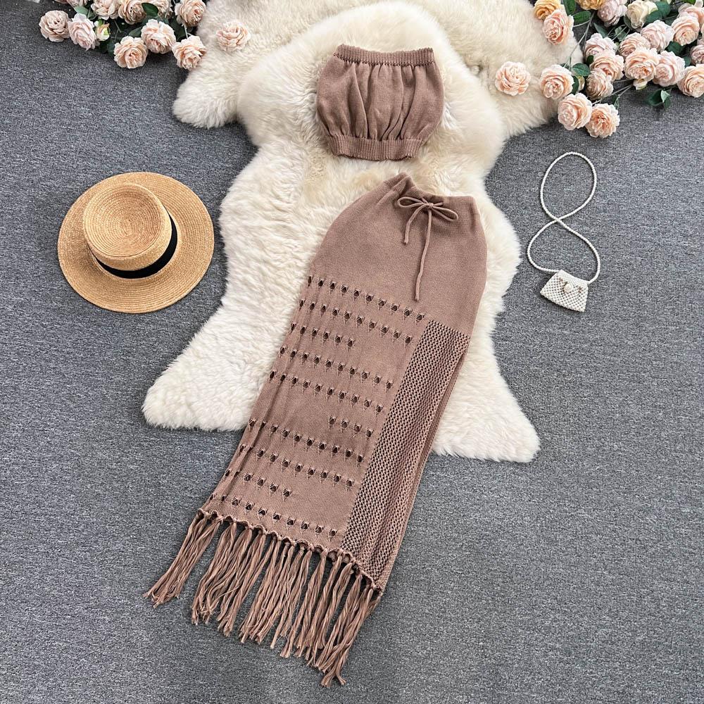 

Женские богемные трикотажные летние костюмы без бретелек, топ на бретелях, длинные юбки с кисточками, комплекты OneSize кофейный