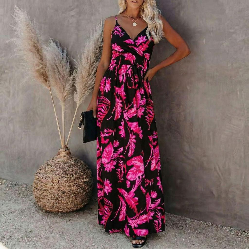 Women’s Floral Print Maxi Dress Sleeveless V Neck Adjustable Spaghetti Strap Long Summer Dress Casual Loose Fit Beachwear