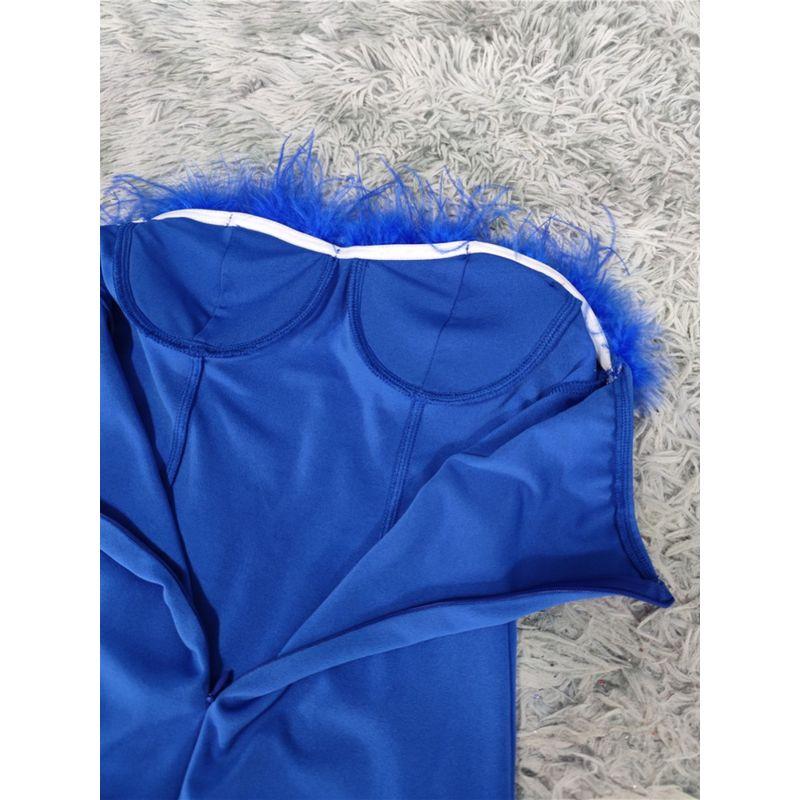 Export Single Fashion Slim Fit Slimming Sheath Commuting Style Dress Feather Patchwork Design Dress Tube Top Short Skirt Chest Pad