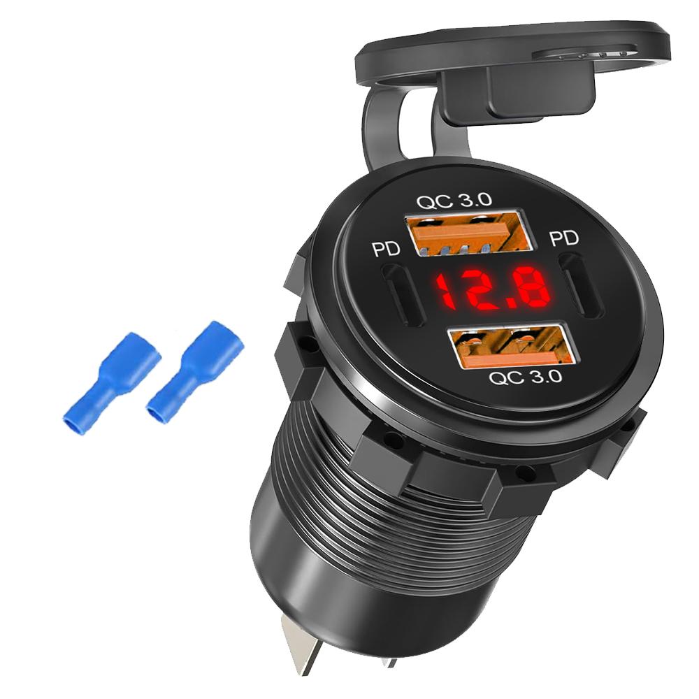 96W Car Charger Power Outlet Socket Dual QC3.0 & Dual PD3.0 USB Socket with Voltmeter 12-24V Waterproof for Car Boat Truck