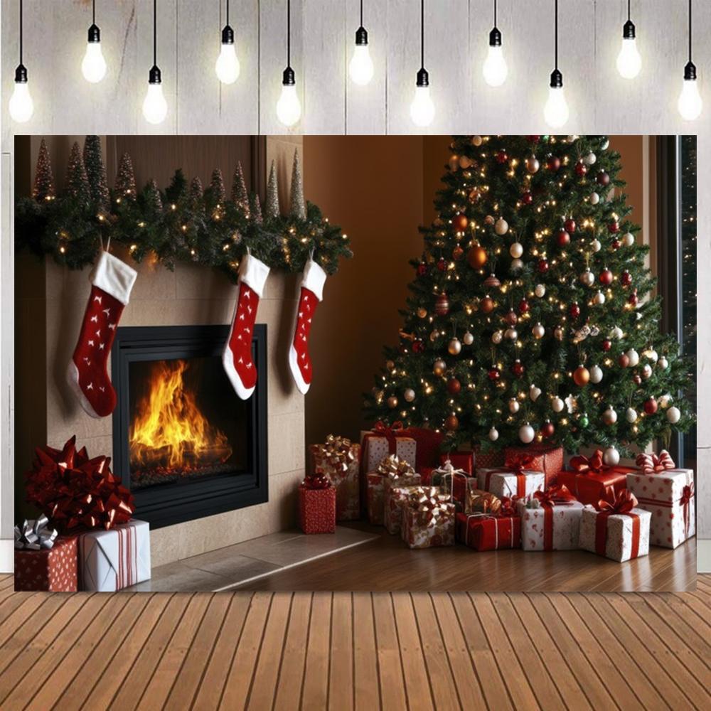 Christmas Indoor Photography Background Fireplace Gifts Socks Xmas Tree Interior Party Birthday Home Decor Photo Backdrop Studio3