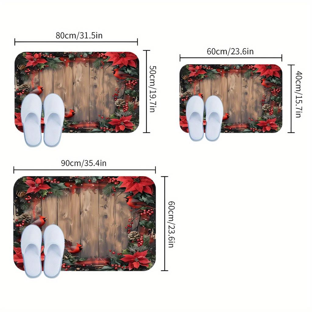 1pc Poinsettia & Red Cardinal Welcome Doormat, Machine‑Washable Floor Mat for Bathroom, Living Room, Bedroom, Kitchen, Office