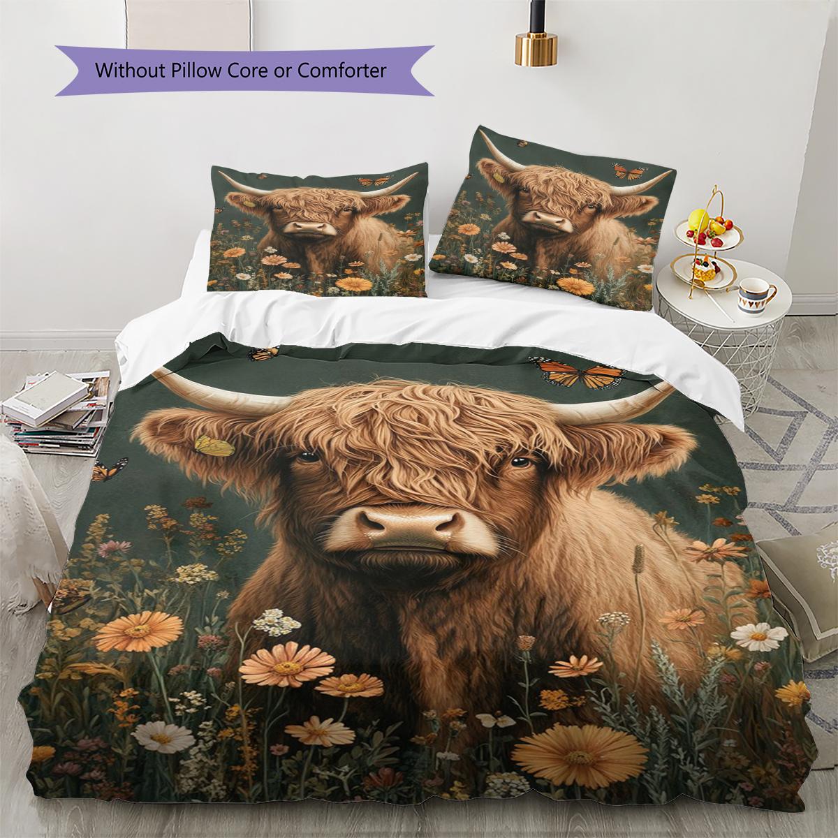 

Highland Cow Pattern Bedding Quilt Set Quilt Cover Pillowcase Home Decoration Gift (1 * duvet cover + 2 * pillowcase, without core) 135x200cm
