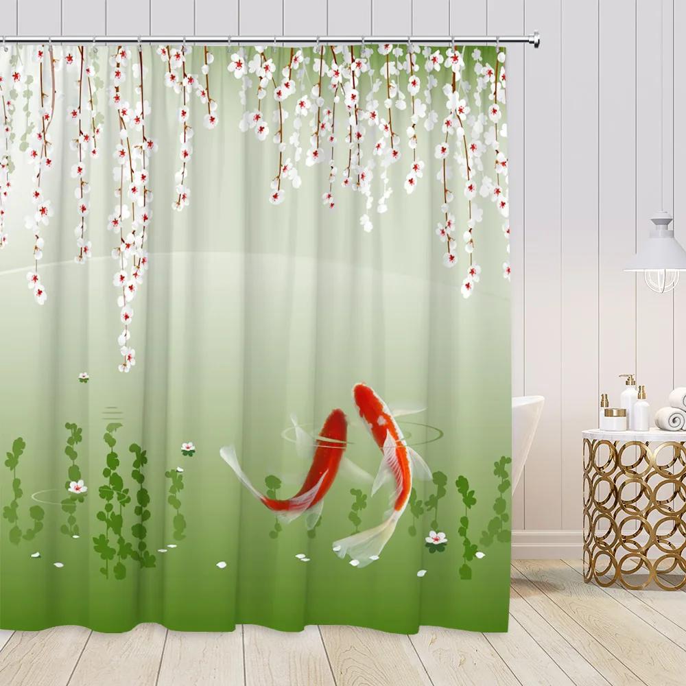 Chinese Style Shower Curtains Lotus Koi Bamboo Chinese Ink Painting Bathroom Curtain Vintage Bath Decorations For Home