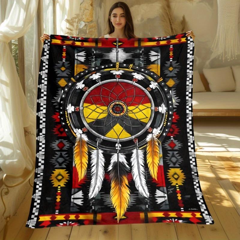 1pc Indian Style Dream Catcher Print Blanket - Lightweight Flannel Throw with Feather & Dreamcatcher Design