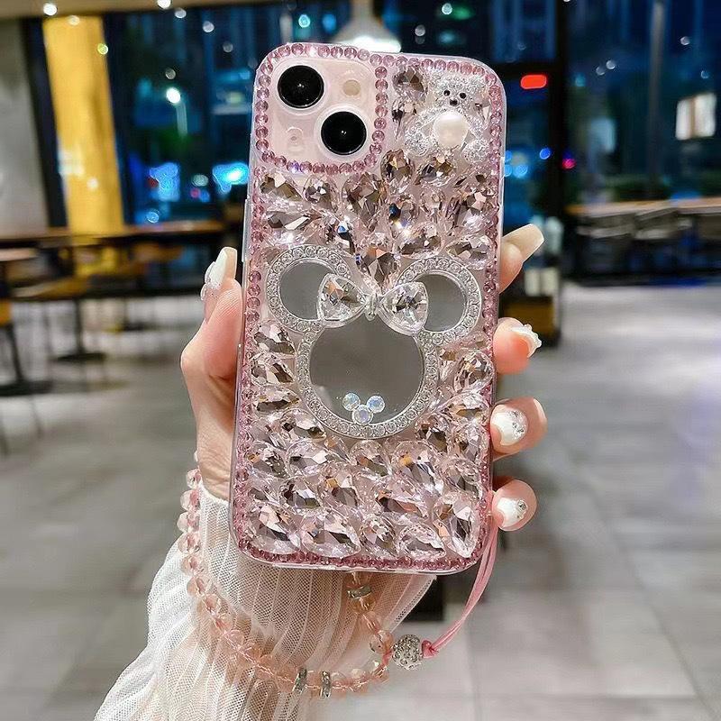 Applicable Apple 17Promax Luxury Rhinestone Mickey Mouse Mirror Mobile Phone Case Iphone15 Bear 14 Hand Chain
