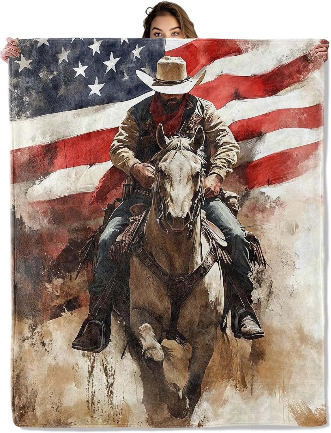 Textilien Unisex Coral Cowboy Horse American Flag Blanket 50X60 In, Flannel Throw Blankets For Travel Camping Sofa Living Room Decor, Lightweight Cozy