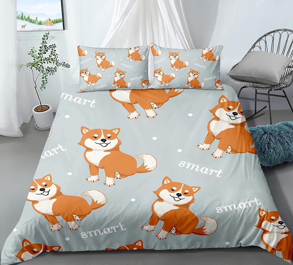 Cute Dog Duvet Cover Set King Queen Size Kawaii Dog Animals Pattern Bedding Set for Kids Boys Girls Polyester Comforter Cover