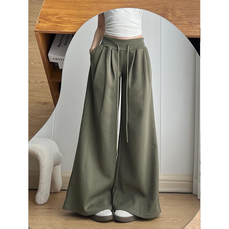 Amerikanische Retro-Hose mit weitem Bein für Damen, Sommer, hohe Taille, Kordelzug, lässige Hose, vielseitiger fauler Stil, Anhänger, Bodenwischer-Hose