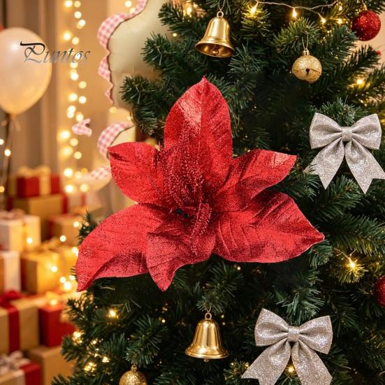 Christmas Flower Ornament Artificial Poinsettia with Stem, Glitter Faux for Seasonal Floral Decor Party, Red Xmas Tree, Wreath Decoration Layered