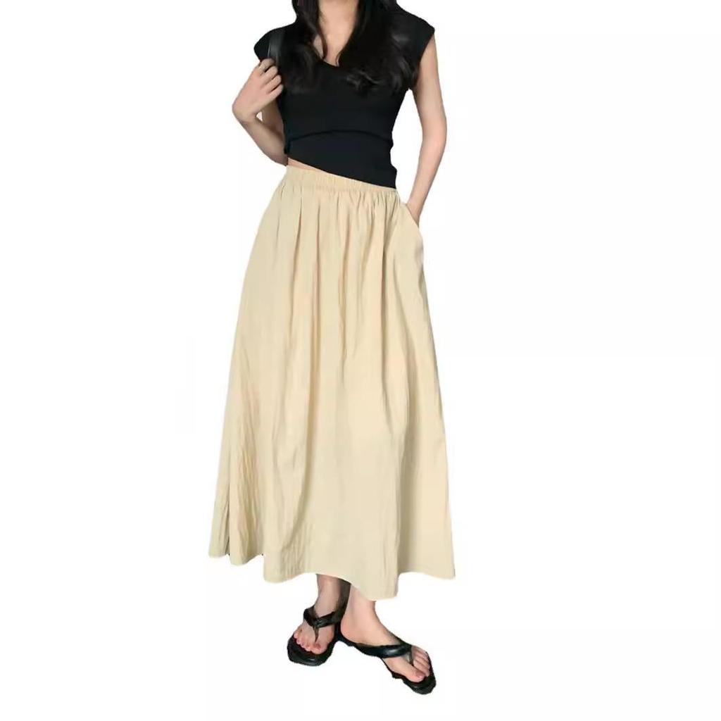 Damen Sommer 2024 Retro Plissee Midi-Rock, Hohe Taille, Schlank machende A-Linie mit elastischem Bund