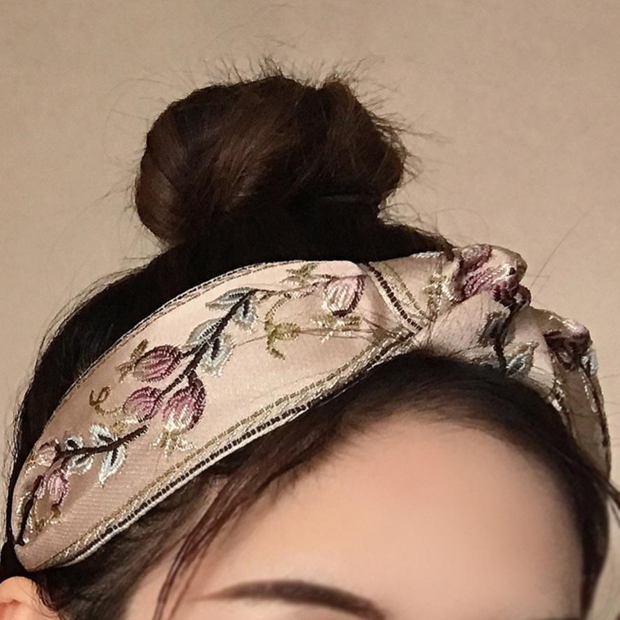 Nuova Fascia Nodo Ricamo Floreale Cerchio Capelli Etnico a Tesa Larga Motivo Fiore Foglia Accessori Capelli Copricapo