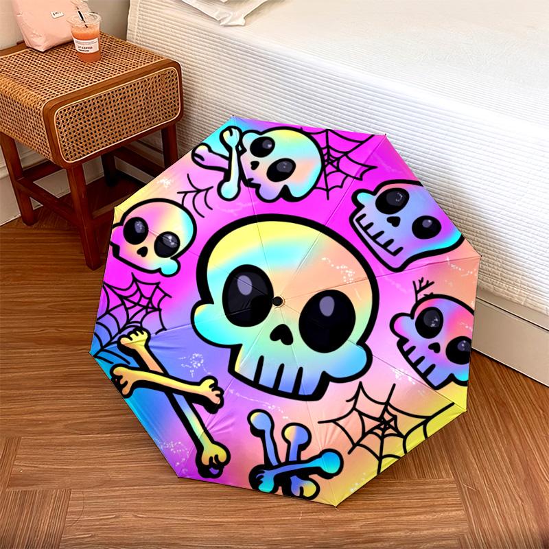 1 PC Automatic Folding Umbrella - Colorful Skulls Pattern, Portable & Foldable Design with 8 Ribs, Christmas Birthday Gifts