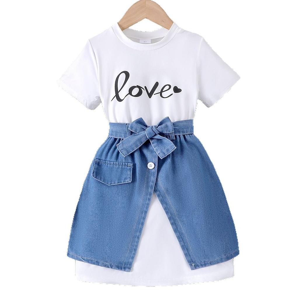Children's Clothing Baby Casual Sleeveless Bow Trim Top + Fake Pocket Skirt Girl T Shirt Girl Skirt