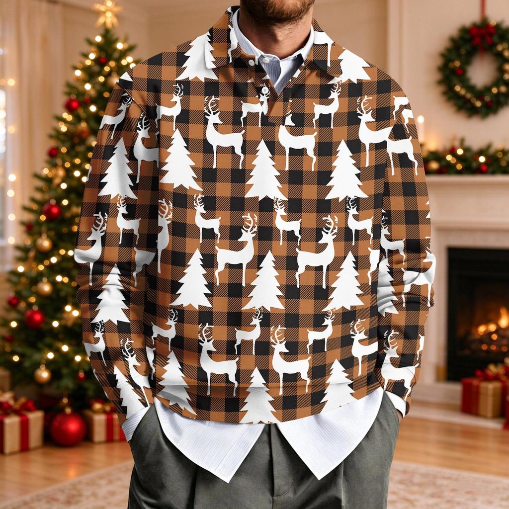 Men's Casual Loose Fit Long Sleeve Collared Shirt with Christmas Print for Holiday Parties