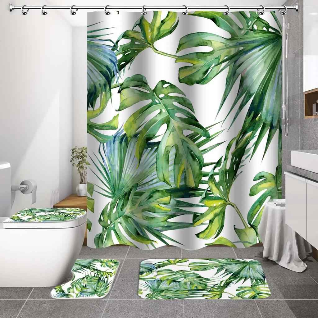 Elegant Leaves Big Flowers Print Shower Curtain With Hooks High Quality Waterproof Bathroom Curtain Bath Mat Set Home Decoration