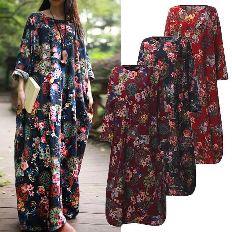 Women Vintage Casual Floral Printed Loose Dress Kaftan Long Maxi Shirt With Timeless Design