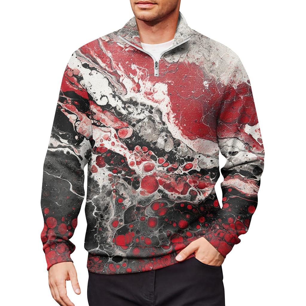 Men's Loose Casual 1/4 Zip Sweatshirt Fashion Printed Long Sleeve Top With Pockets