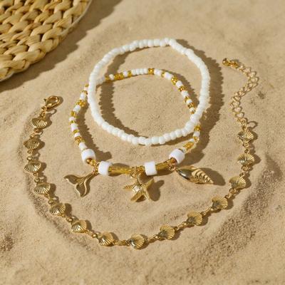 Boho-Muschel-Seestern-Fußkettchen Strandurlaub Fußschmuck mit Kunstperlen & Perlensträngen Lagen-Design Sommergeschenk für Frauen