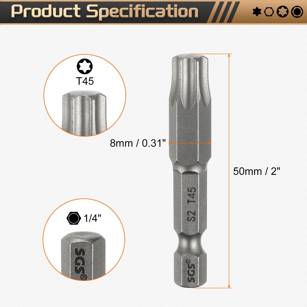 Torx Head Screwdriver Bit T5-T50 1/4" Hex Shank 50mm Magnetic No Hole Tip Tamper Proof 6 Point Star S2 Screw Driver Drill Bits