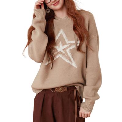 LOUIS YAO Knit Long Star Hooded Street Loose Fashionable Top for Fall and Winter Size Women's Hoodie, Sleeve, Print, Sweater, Pullover, Casual, Style,