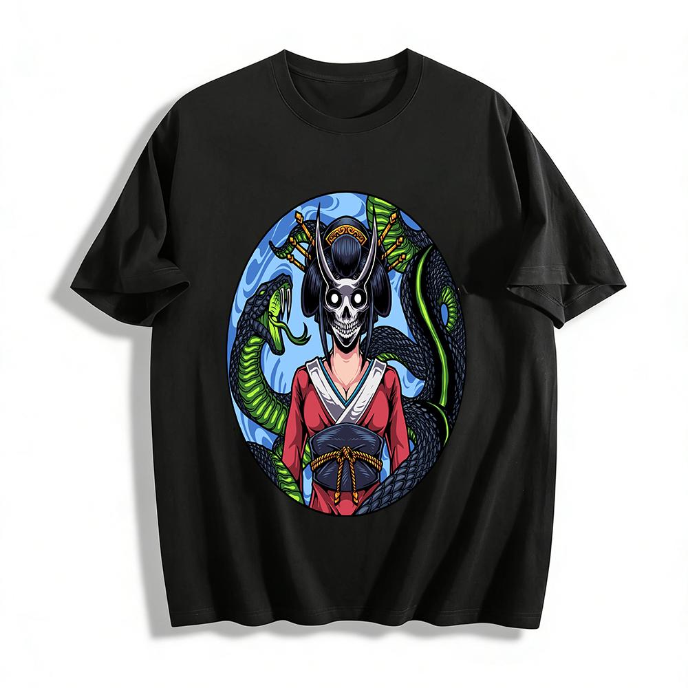 

Dark Skeleton Geisha Green Snake Graphic Trendy Casual Top Pure cotton T-shirt XXS