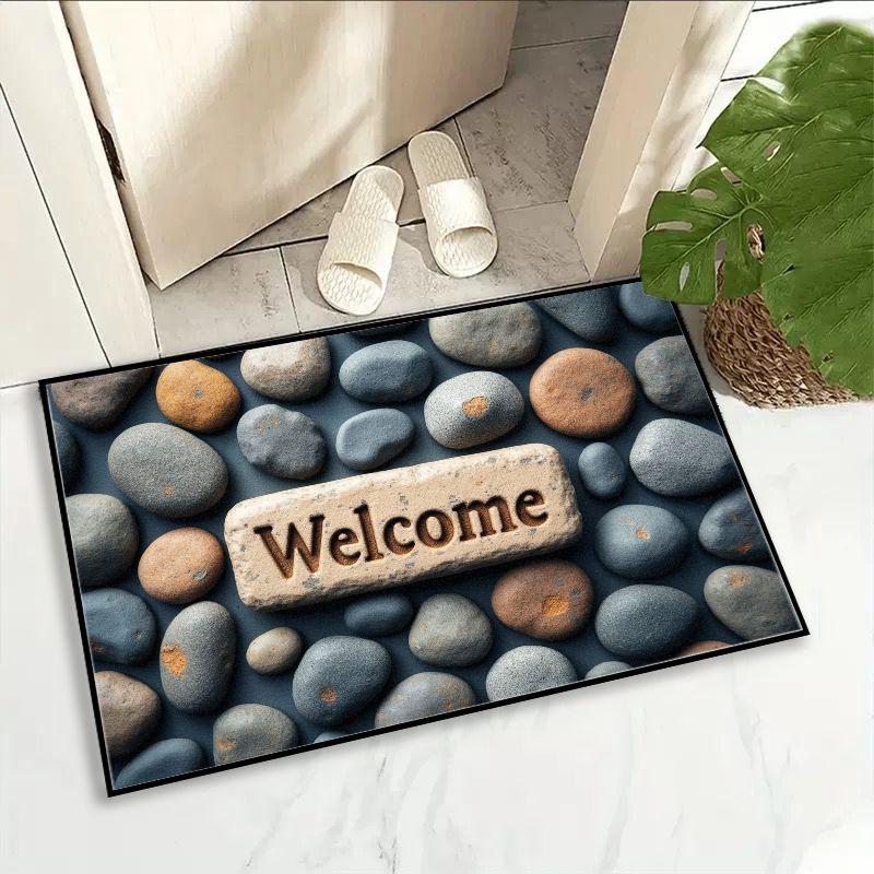 Sommer-Eingangstür heißt Sie willkommen. 3D Kiesel Teppich, Badezimmer Wasserabsorbierender und Rutschfester Teppich, Heimdekoration
