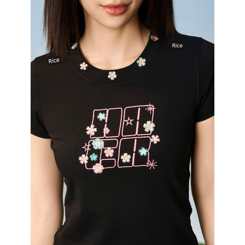 HACR | Harshandcruel Vigorous Flower Embroider Stretch Silm Round Neck Shoulder Short Sleeve T-shirt for Women
