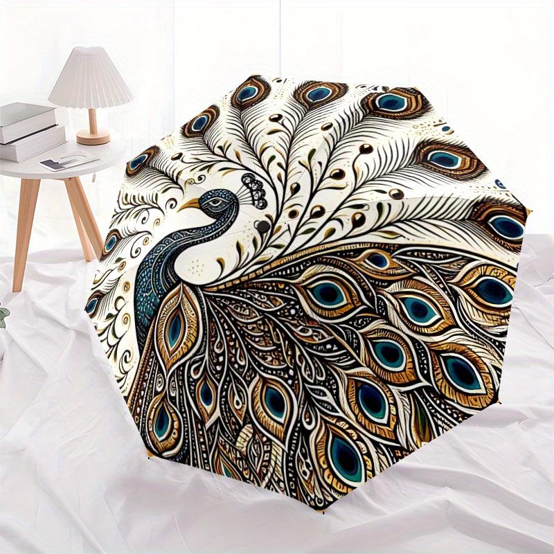 1pc Peacock Feather Automatic Open/close, Heavy-Duty Iron Frame & 8-Rib Structure, Compact Folding Umbrella for Women/Men, All-Season Travel, 095