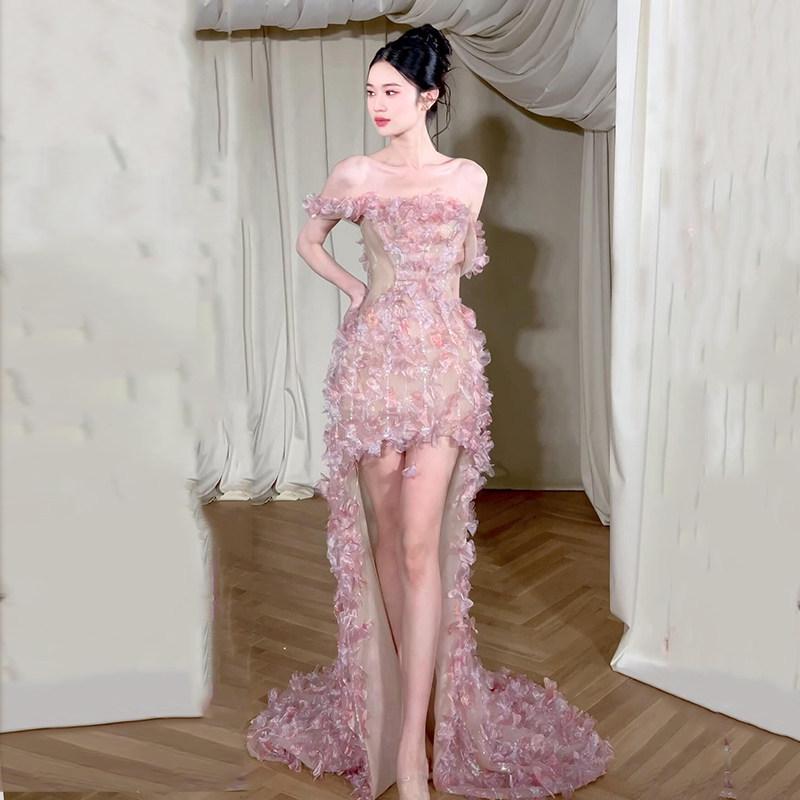 2026 French Pink One-Shoulder Strapless Dress: Elegant High-End Party & Engagement Attire
