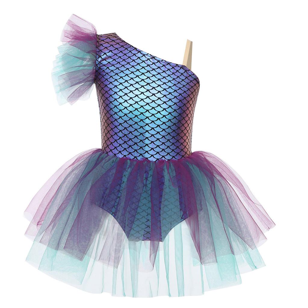 Girls Ballerina Tutu Dress One Shoulder Sleeveless Mermaid Fish Scales Print Camisole Leotard Halloween Dance Costume