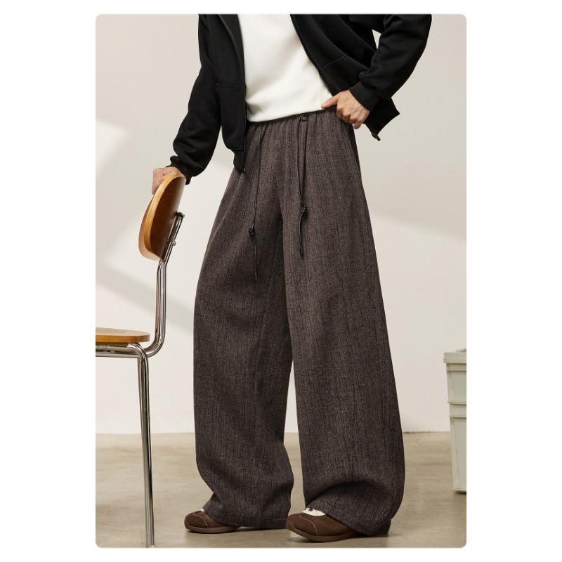 Mens Loose Retro Casual Drooping Straight Long Imitation Wool Trousers