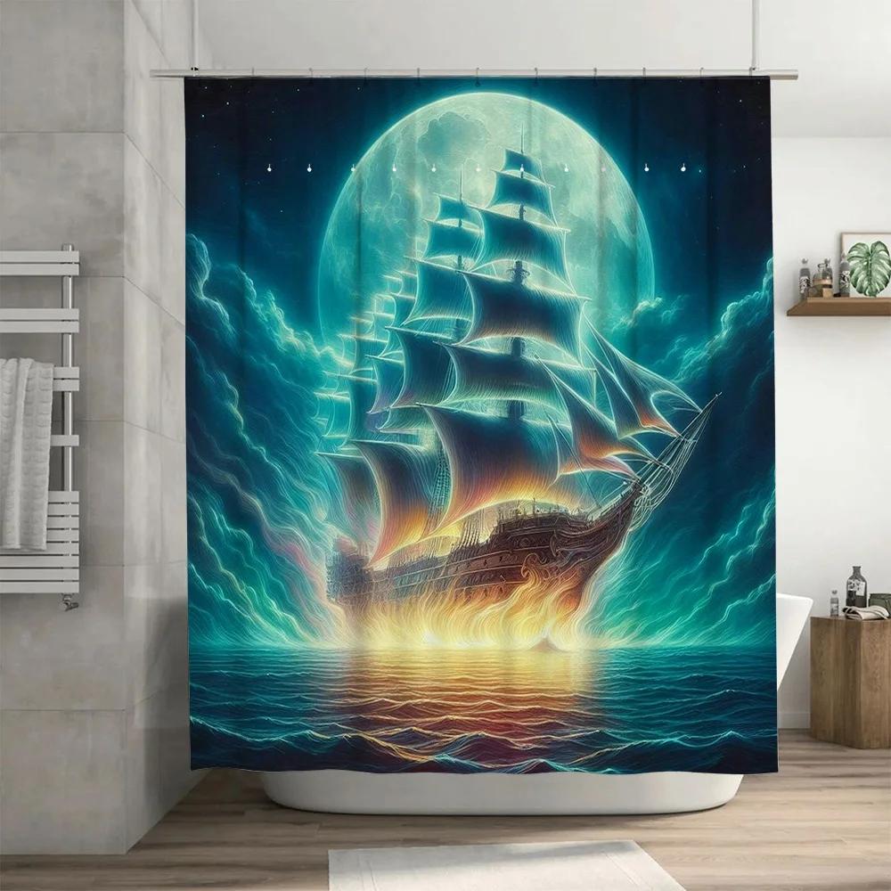 Blue Moon Fantasy Ship Shower Curtain Waterproof Bathroom Decor For Home Decoration