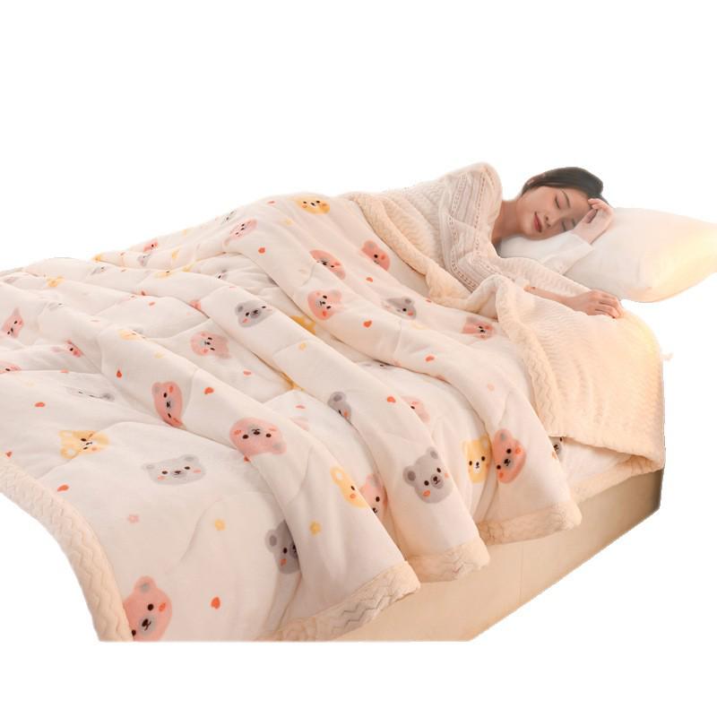 Three-Layer Quilted Milk Velvet Cartoon Blanket - Thick, Machine Washable, Ideal for Autumn/Winter Naps