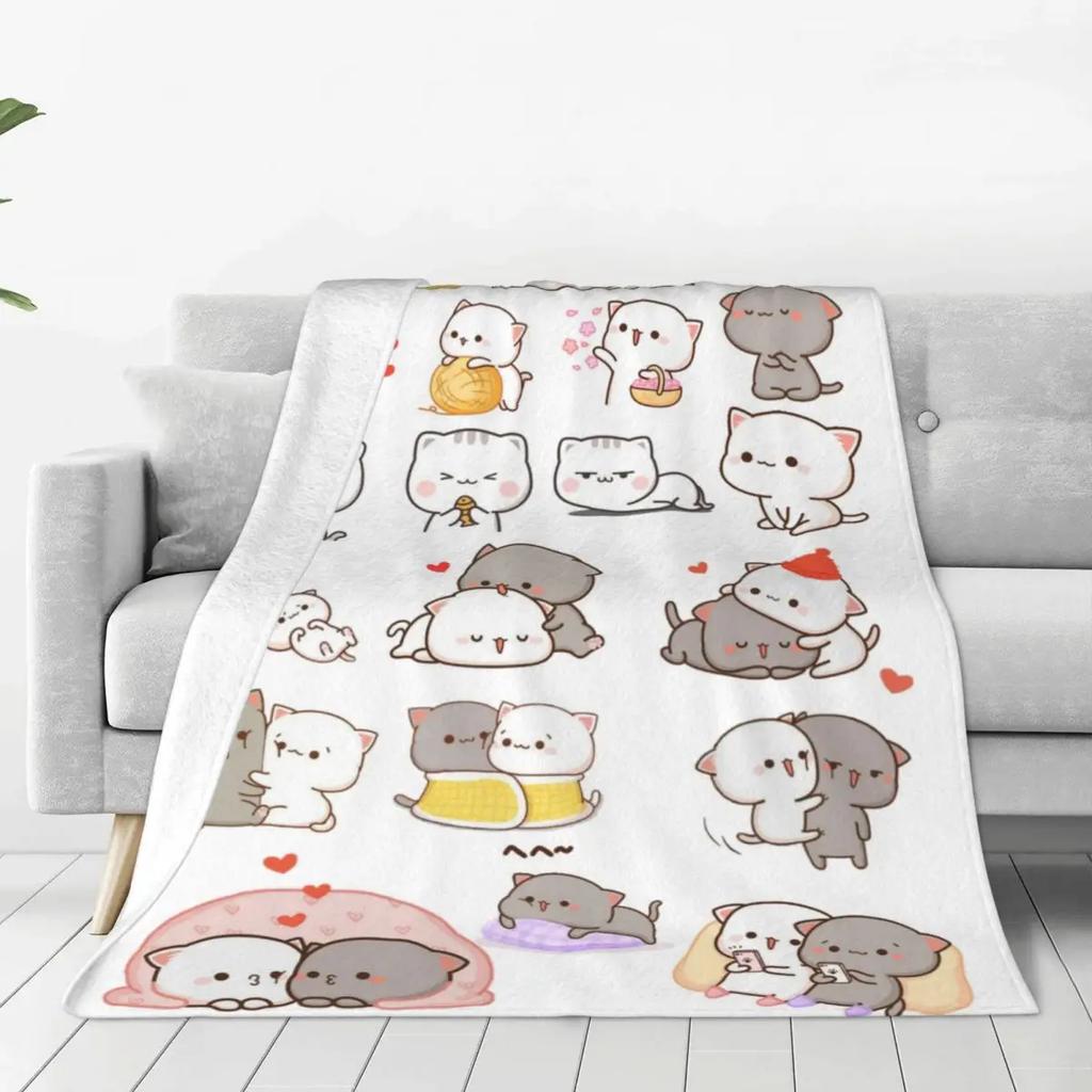 Sevimli Şeftali Ve Goma Battaniye Karikatür Mochi Kedi Flanel Atmak Battaniye Yaz Klima Kişiselleştirilmiş Yumuşak Sıcak Yatak Örtüleri