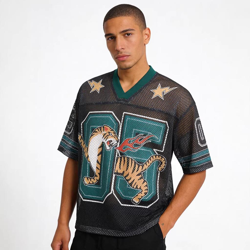 Trendy Brand Men'S T-Shirt American Retro Hip-Hop Letter Printing Mesh Casual Couple Sports Jersey Men And Women