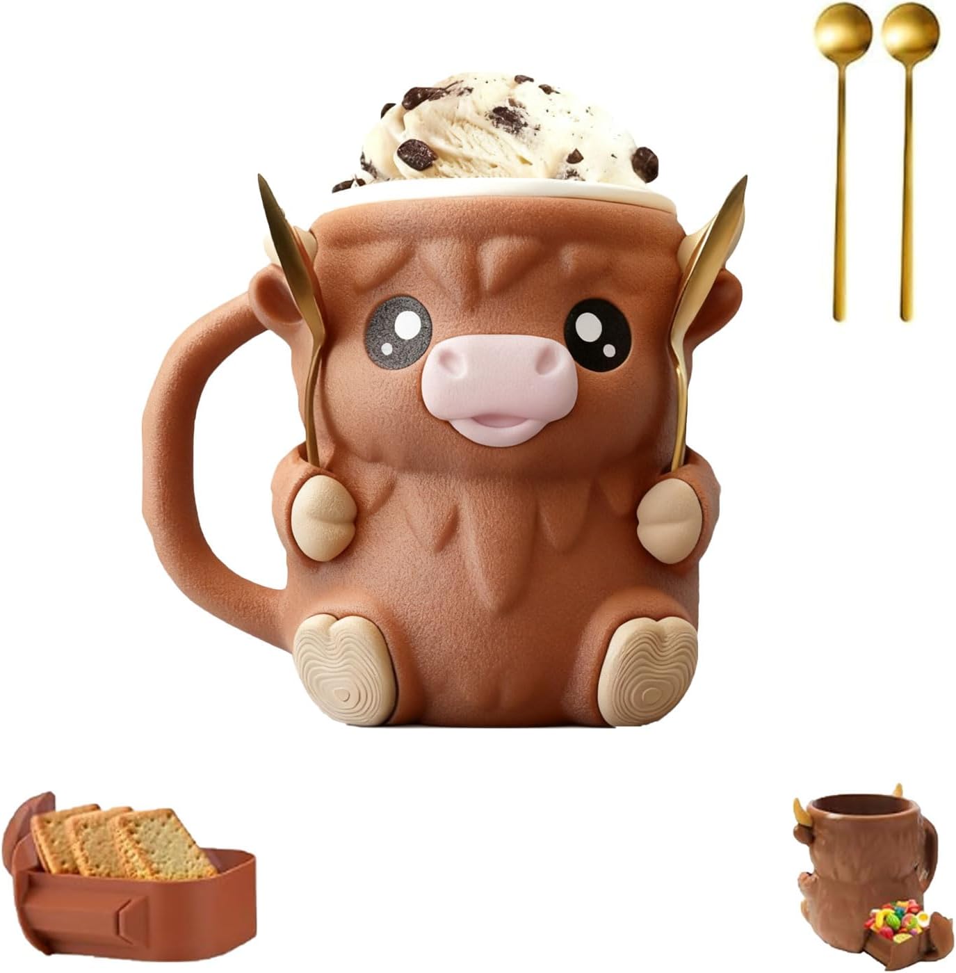 

Cute 3D Printed Cow Ice Mug Creative Funny Coffee Milk Beer Cup Ice Cream Holder With Spoon Slot Fun Cartoon Animal Water Mug 401-500ml коричневый