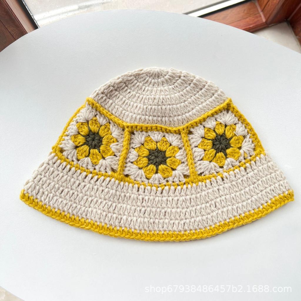 Flower Crochet Bucket Hat Women's Autumn and Winter Warm Wool Handmade Hat Foreign Style Versatile Age-reducing Basin Hat Ethnic Trend