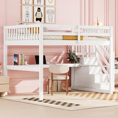 Children's Bed 140x200 Loft Bed Desk Storage Ladder Slatted Frame Pine Wood Youth Bed Children/Adults White