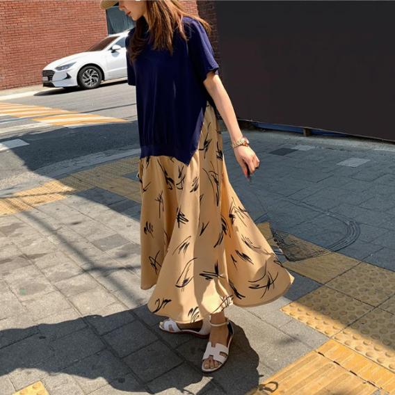 

Женское свободное утягивающее платье с принтом и принтом поддельное платье-двойка 5XL тёмно-синий