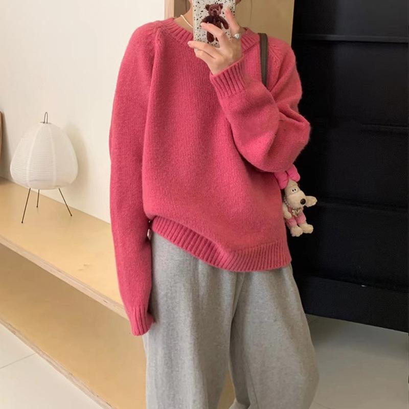 Women's Autumn Winter Loose Thick Sweater Tops Female O-neck Knitted Tops Ladies Solid Color Warm Pullovers