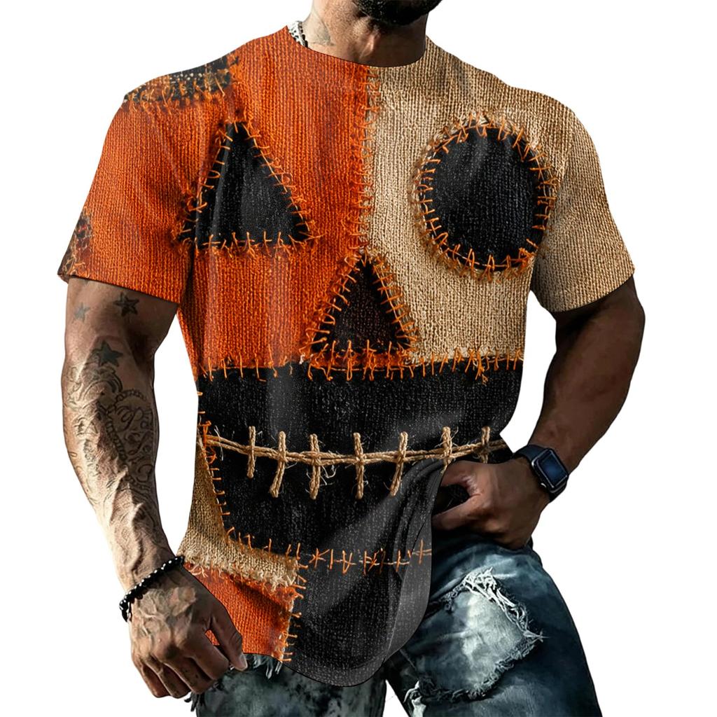 Loose Fit Casual Short Sleeve T Shirt Halloween Patchwork Stitch Print Top for Men and Women Unisex Comfortable Everyday Wear