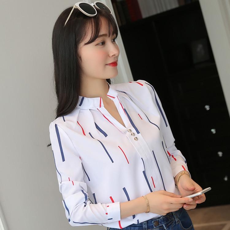 Women Casual Striped Long-sleeved Shirt Loose White Stand Collar Blouse