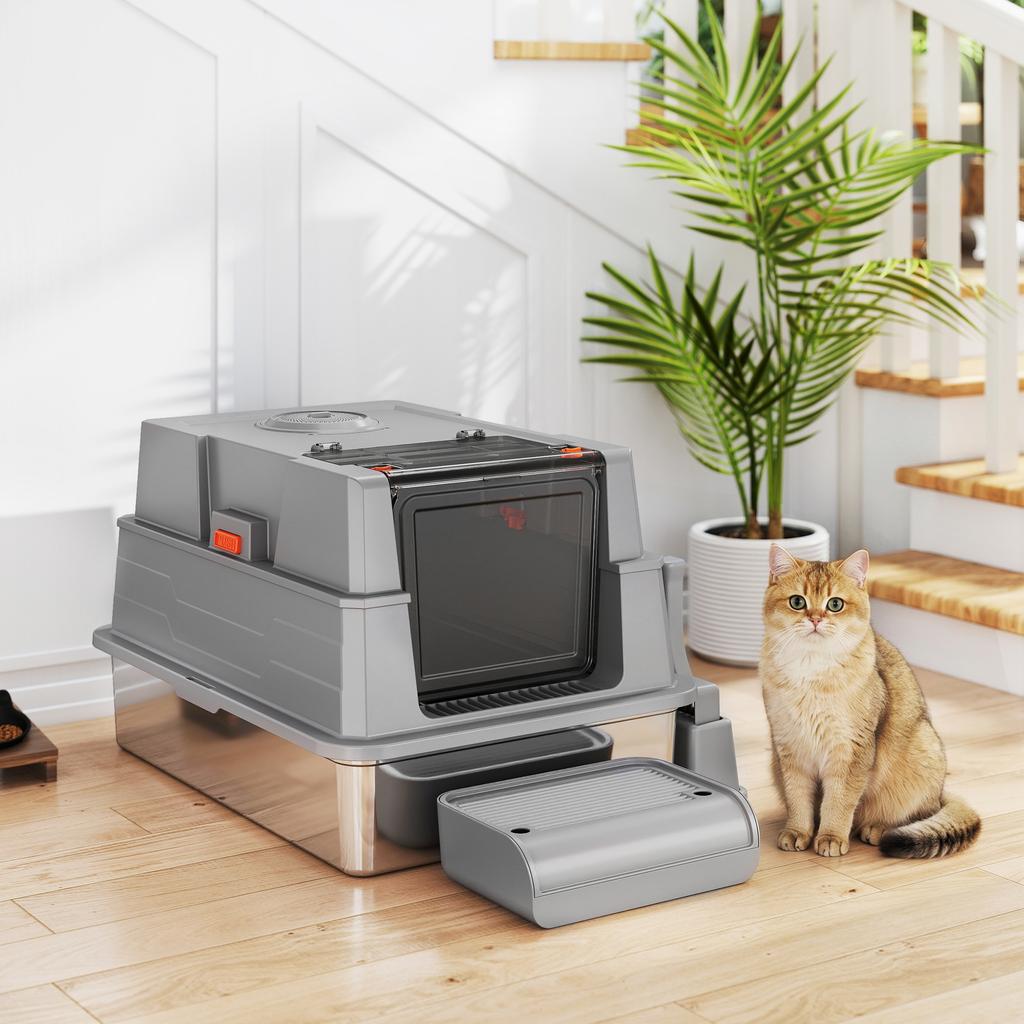 Lettiera per Gatti XXL in Acciaio Inossidabile 130L con Coperchio Pieghevole a 180 gradi, Pareti Laterali Alte, Paletta, Gradino, 70x50x43cm, Grigio