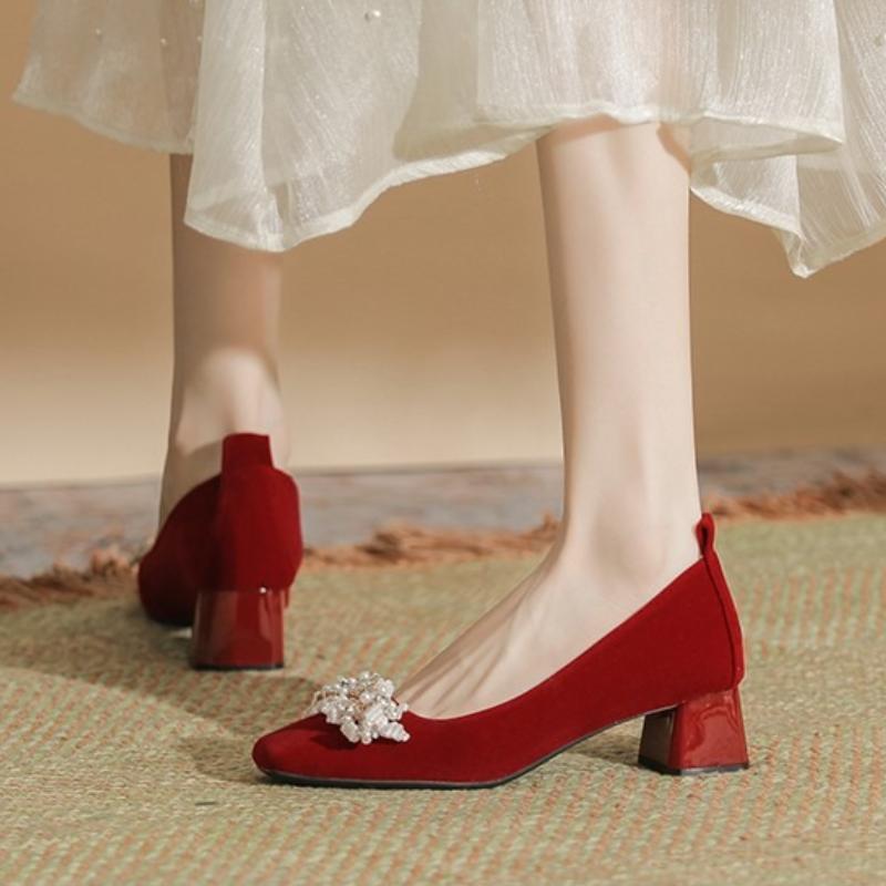 Spring New Coarse Heel Single Shoes Women's Fashion Round Head Shallow Mouth Suede Flower Thick Soled Wedding Shoes