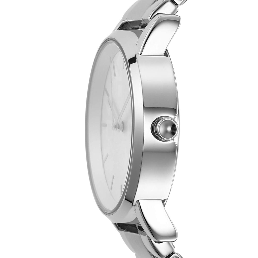 DKNY Ladies Soho 34mm Stainless Steel Quartz Dress Watch, Silver/Rose Gold Logo.