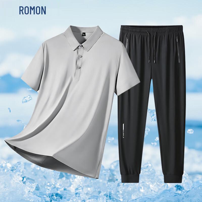 ROMON Men's Ice Silk Polo Shirt & Casual Pants Set